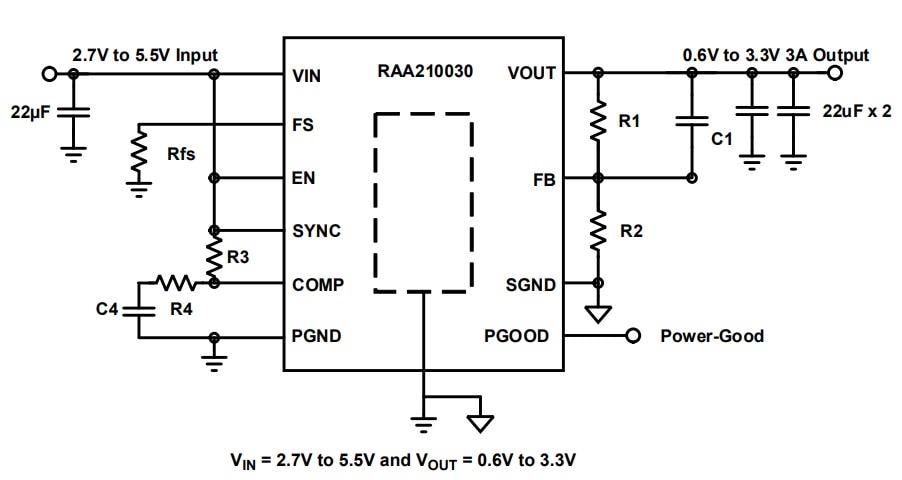 应用电路图 - Renesas Electronics RAA210030降压直流/直流迷你电源模块