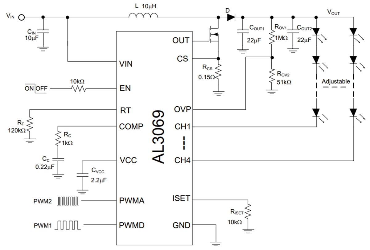 应用电路图 - Diodes Incorporated AL3069四通道升压控制器
