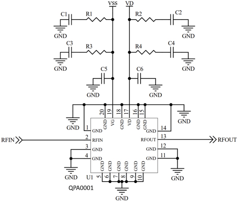 应用电路图 - Qorvo QPA0001 GaN驱动放大器