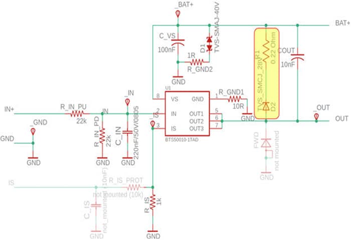 原理图 - Infineon Technologies BTS500101TAEx开关板