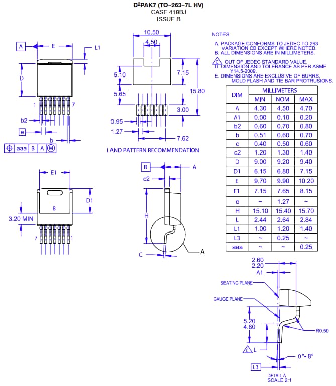 机械图纸 - onsemi NVBG070N120M3S碳化硅 (SIC) MOSFET
