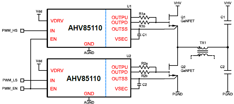应用电路图 - Allegro MicroSystems AHV85110隔离式GaNFET栅极驱动器