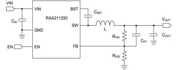 应用电路图 - Renesas Electronics RAA211230同步降压稳压器