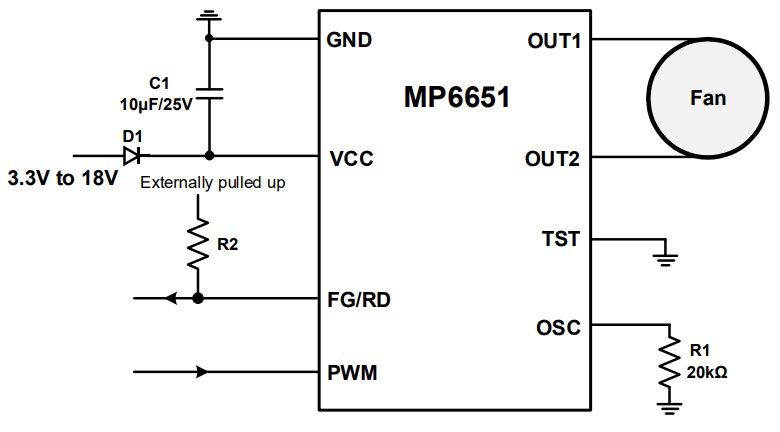 Application Circuit Diagram - Monolithic Power Systems (MPS) MP6651 Single-Phase BLDC Drivers