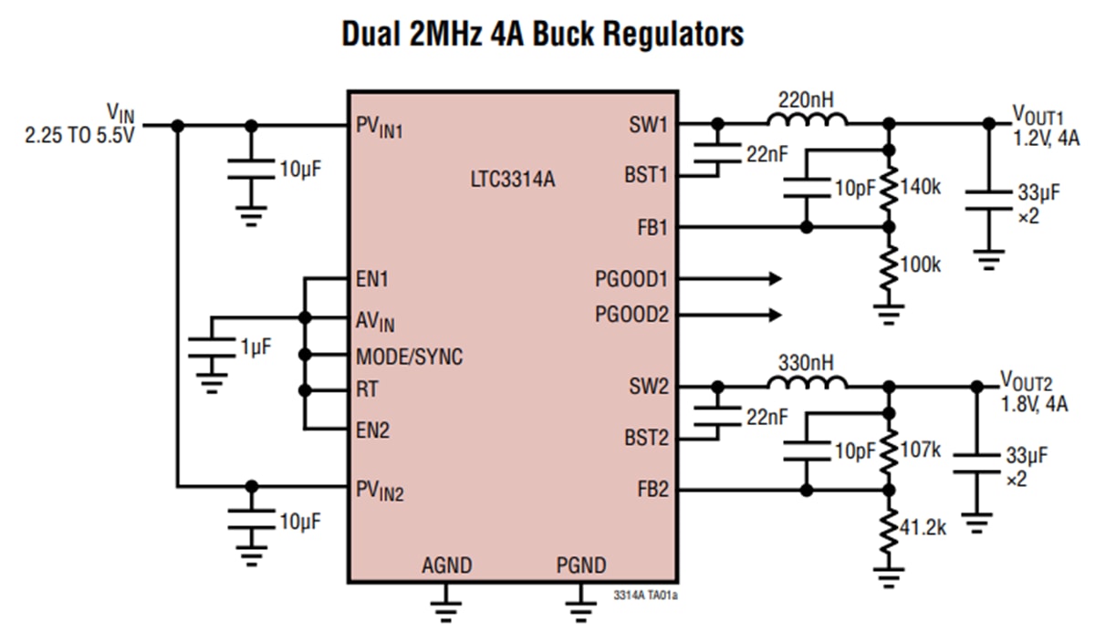 应用电路图 - Analog Devices Inc. LTC3314 8A降压式DC/DC稳压器