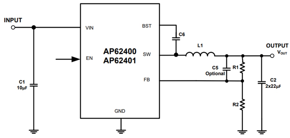应用电路图 - Diodes Incorporated AP62400 & AP62401同步降压转换器