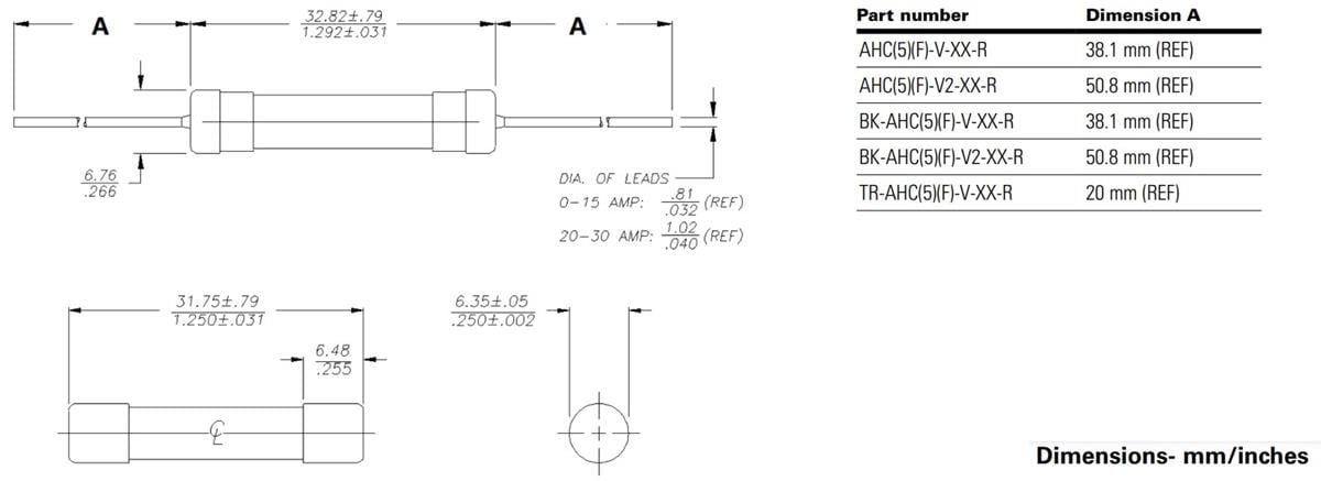 Mechanical Drawing - Eaton AHC/AHC5/AHCF High-Voltage Ceramic Tube Fuses