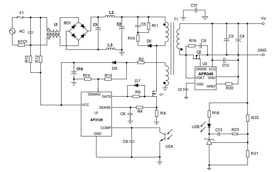 应用电路图 - Diodes Incorporated AP3129高性能多模式PWM控制器