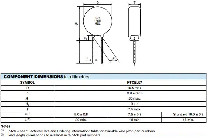 机械图纸 - Vishay / BC Components PTCEL67高能量PTC热敏电阻