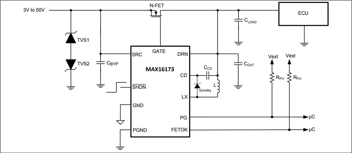 应用电路图 - Analog Devices / Maxim Integrated MAX16173理想二极管控制器