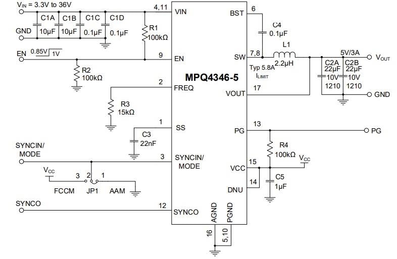 Application Circuit Diagram - Monolithic Power Systems (MPS) MPQ4346/4346J Synchronous Step-Down Converters