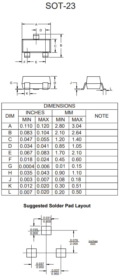 Mechanical Drawing - Micro Commercial Components (MCC) MMBTA56HE3 PNP Amplifier Transistor