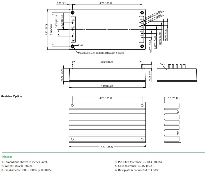 机械图纸 - XP Power ASB160基板冷却型AC-DC电源