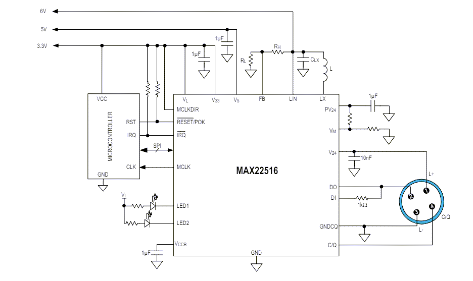 应用电路图 - Analog Devices Inc. MAX22516 IO-Link数据链路控制器