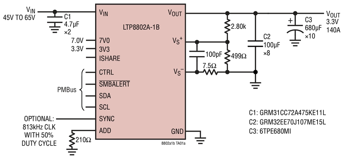 应用电路图 - Analog Devices Inc. LTP8802A-1B 54V 140A直流/直流μModule稳压器