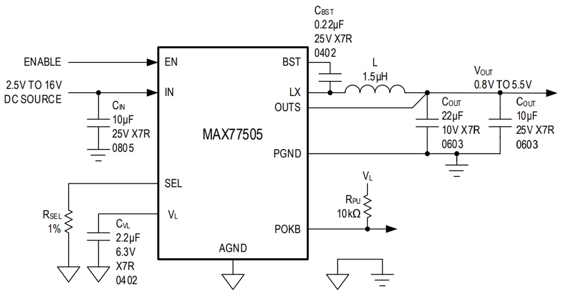 应用电路图 - Analog Devices Inc. MAX77505 16A低IQ降压转换器
