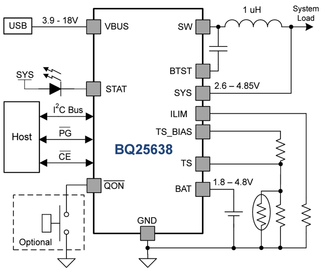 应用电路图 - Texas Instruments bq25638 I2C控制型电池充电器IC