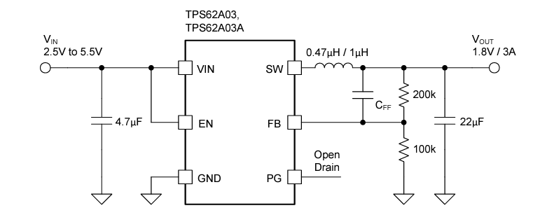 应用电路图 - Texas Instruments TPS62A03x降压转换器