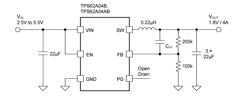 应用电路图 - Texas Instruments TPS62A04xB降压转换器