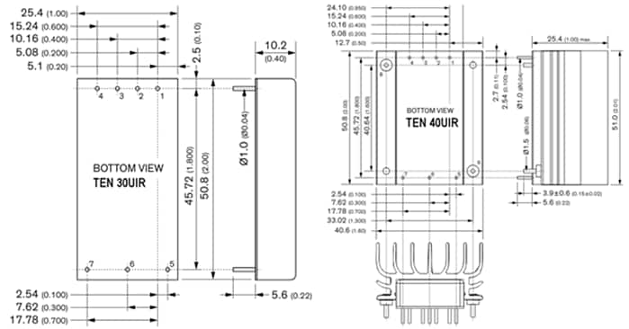 机械图纸 - TRACO Power TEN 30UIR/40UIR DC/DC铁路转换器