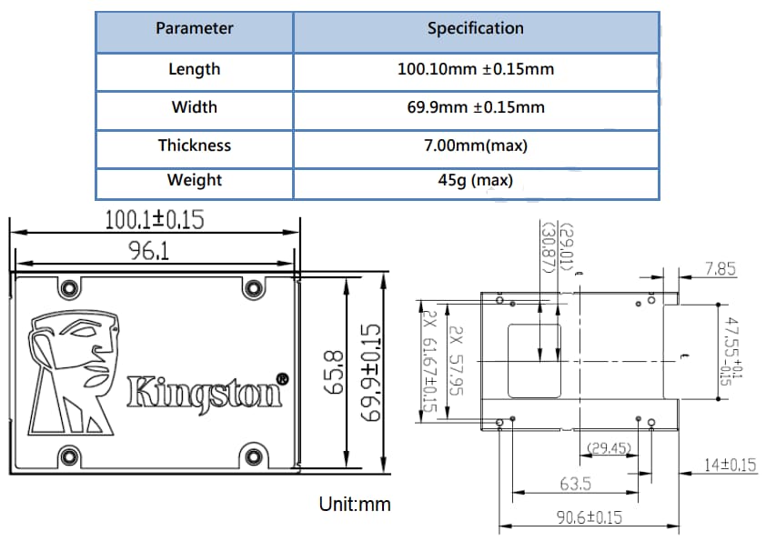 Mechanical Drawing - Kingston Industrial Temperature 2.5” SATA SSDs