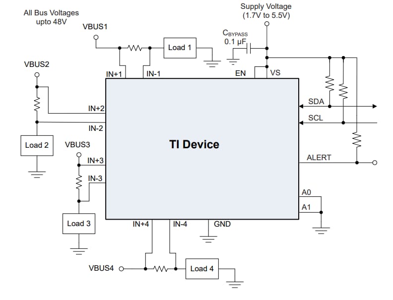 应用电路图 - Texas Instruments INA4235 16位数字电流监控器器