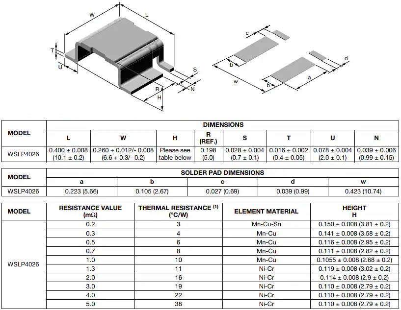 机械图纸 - Vishay / Dale WSLP4026 Power Metal Strip®电阻器