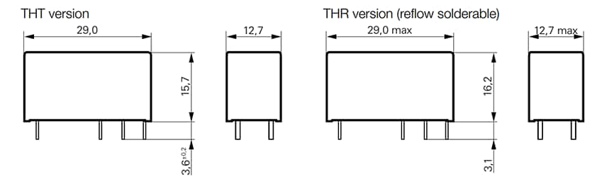 机械图纸 - TE Connectivity / Schrack RT2通用电源PCB继电器