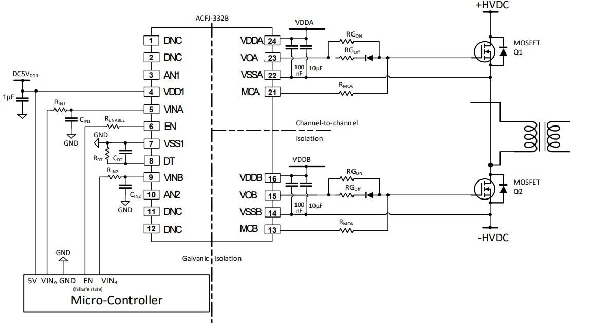 应用电路图 - Broadcom ACFJ-332B高速栅极驱动光耦合器