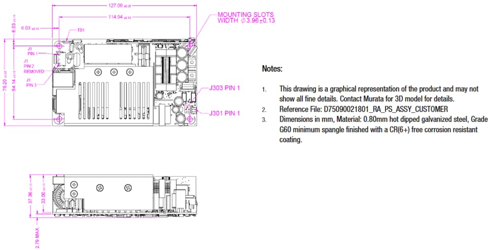 机械图纸 - Murata PQC600 600W开放框架电源