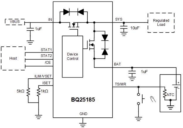 应用电路图 - Texas Instruments BQ25185线性电池充电器IC