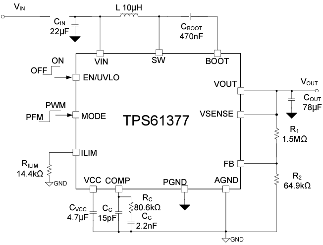 应用电路图 - Texas Instruments TPS61377同步升压转换器