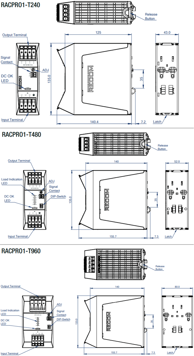 机械图纸 - RECOM Power RACPRO1 DIN导轨电源