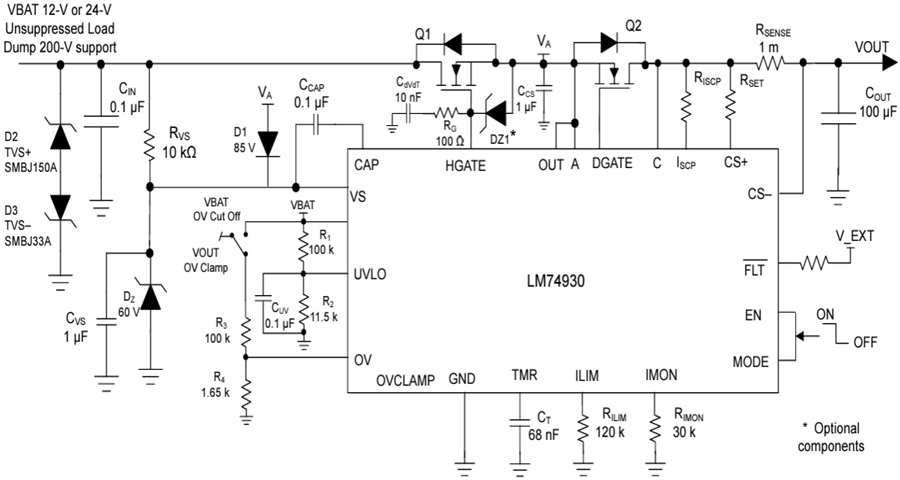 应用电路图 - Texas Instruments LM74930-Q1理想二极管控制器