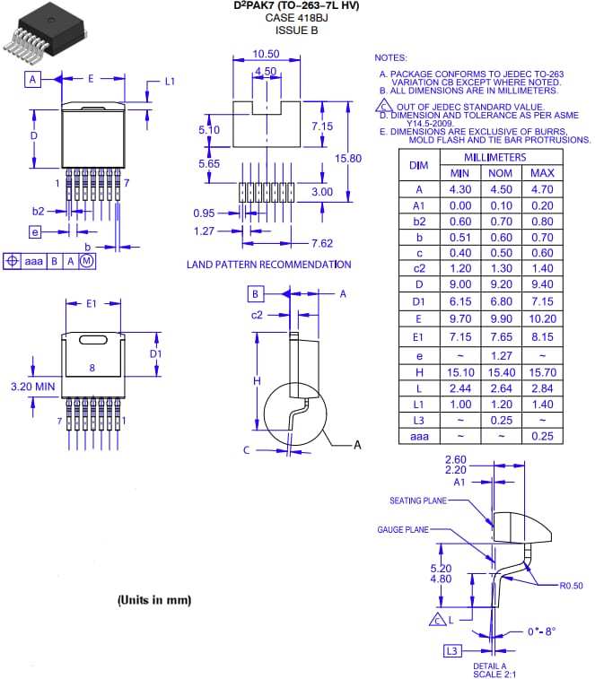 机械图纸 - onsemi NTBG023N065M3S 23 mΩ EliteSiC MOSFET