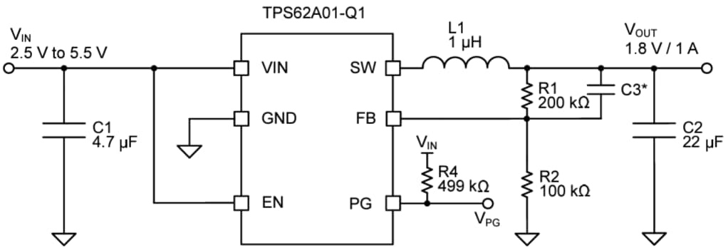 应用电路图 - Texas Instruments TPS62A01-Q1同步降压式转换器