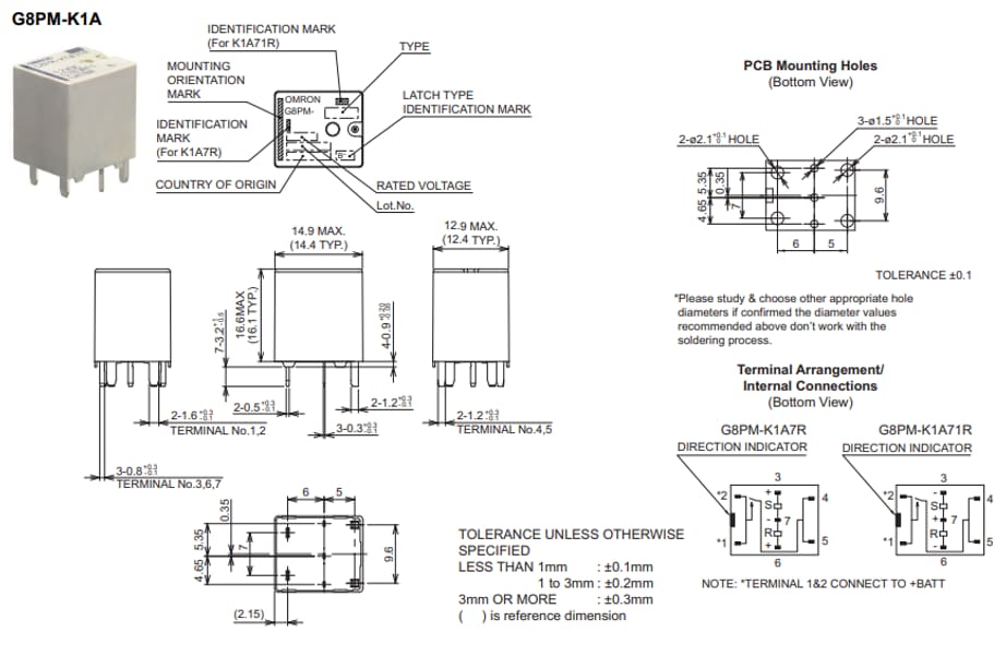 机械图纸 - Omron Electronics G8PM-K汽车用PCB继电器