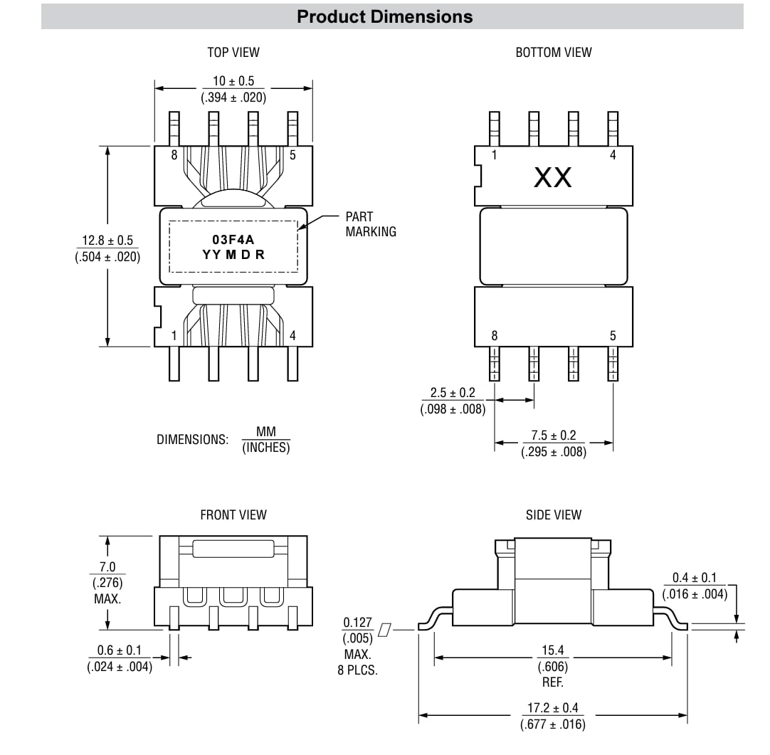 机械图纸 - Bourns HVMA03F4A-LP8S 2W栅极驱动器变压器