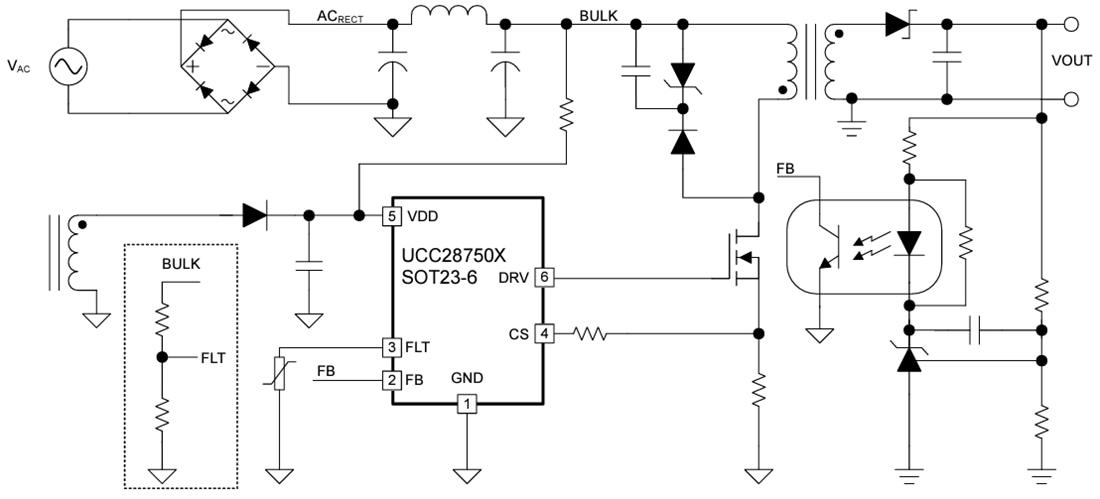 应用电路图 - Texas Instruments UCC28750电流模式反激式控制器