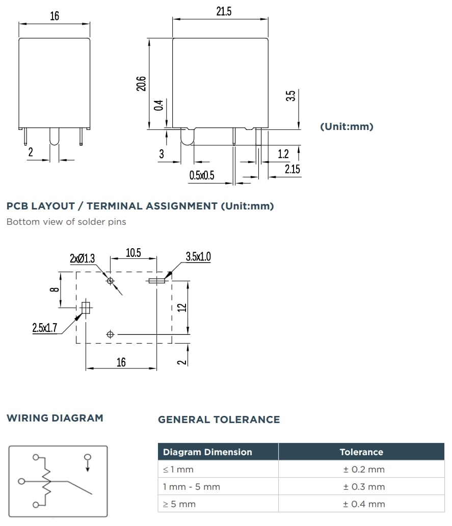 机械图纸 - TE Connectivity T9F PCB功率继电器