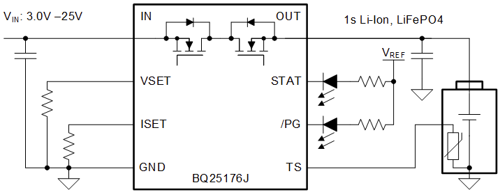 应用电路图 - Texas Instruments BQ25176J线性电池充电器IC