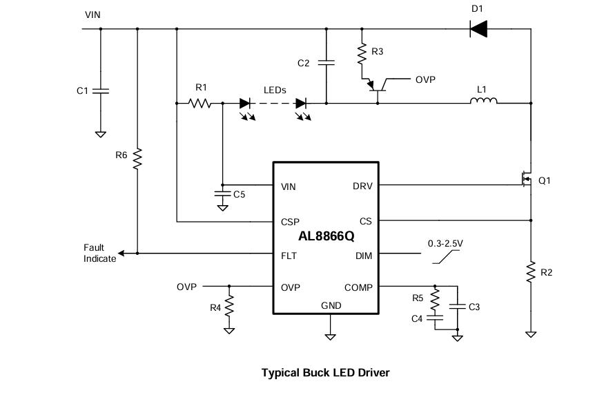 应用电路图 - Diodes Incorporated AL8866Q降压-升压、升压、降压和SEPIC转换器