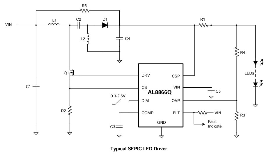 应用电路图 - Diodes Incorporated AL8866Q降压-升压、升压、降压和SEPIC转换器