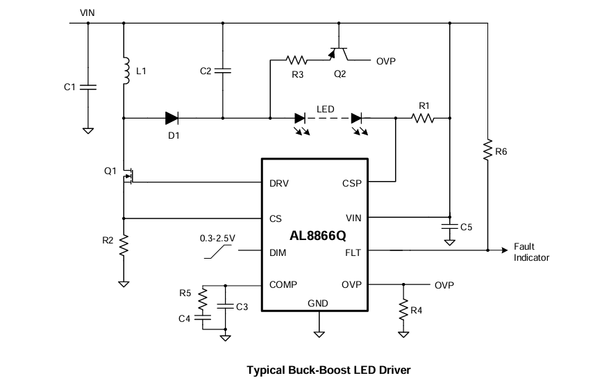 应用电路图 - Diodes Incorporated AL8866Q降压-升压、升压、降压和SEPIC转换器