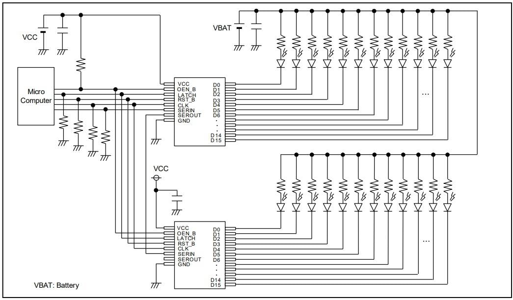 应用电路图 - ROHM Semiconductor BD83816EFV-M 16通道LED驱动器IC