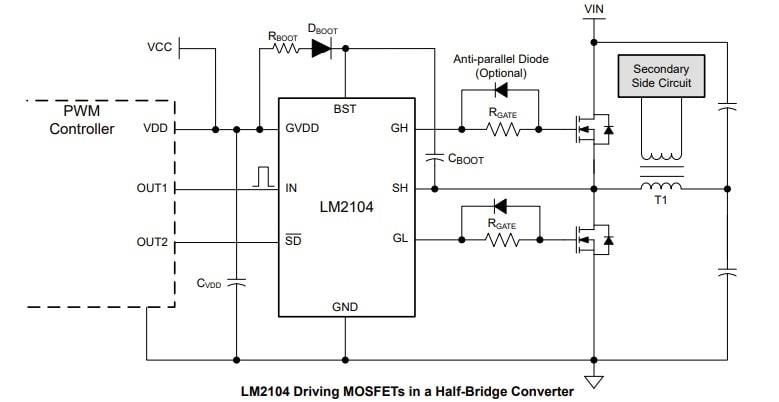 应用电路图 - Texas Instruments LM2104半桥栅极驱动器