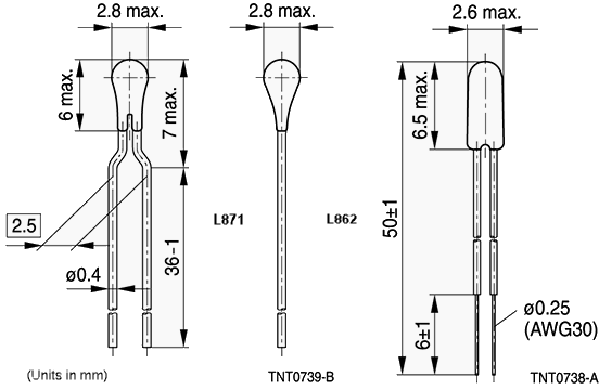 机械图纸 - EPCOS / TDK L862和L871 NTC热敏电阻