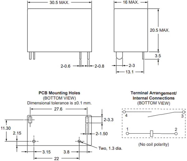机械图纸 - Omron Electronics G6QG PCB功率继电器