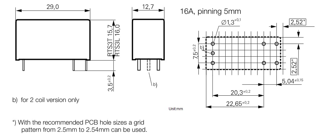 机械图纸 - TE Connectivity / Schrack RT涌入功率（RT-iPower）PCB继电器