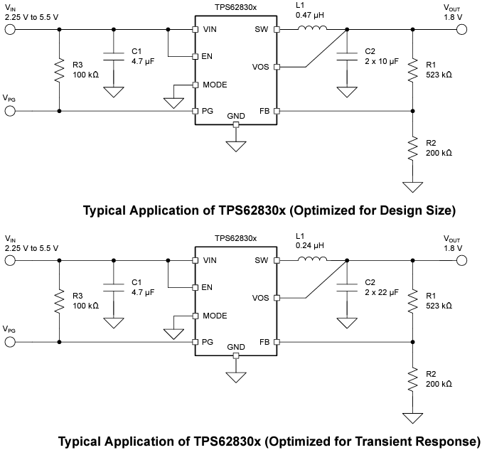 应用电路图 - Texas Instruments TPS62830x同步降压转换器
